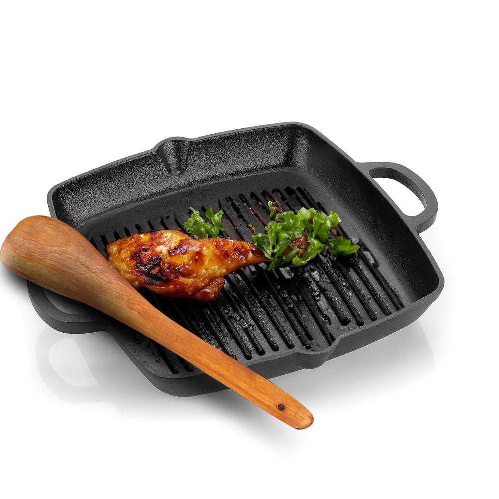Lifelong Cast Iron Grill Pan 260mm with Wooden Spatula | 2L, 3kg | Pre-Seasoned with Even Heat Distribution, Toxin & Teflon(LLCIGP008)