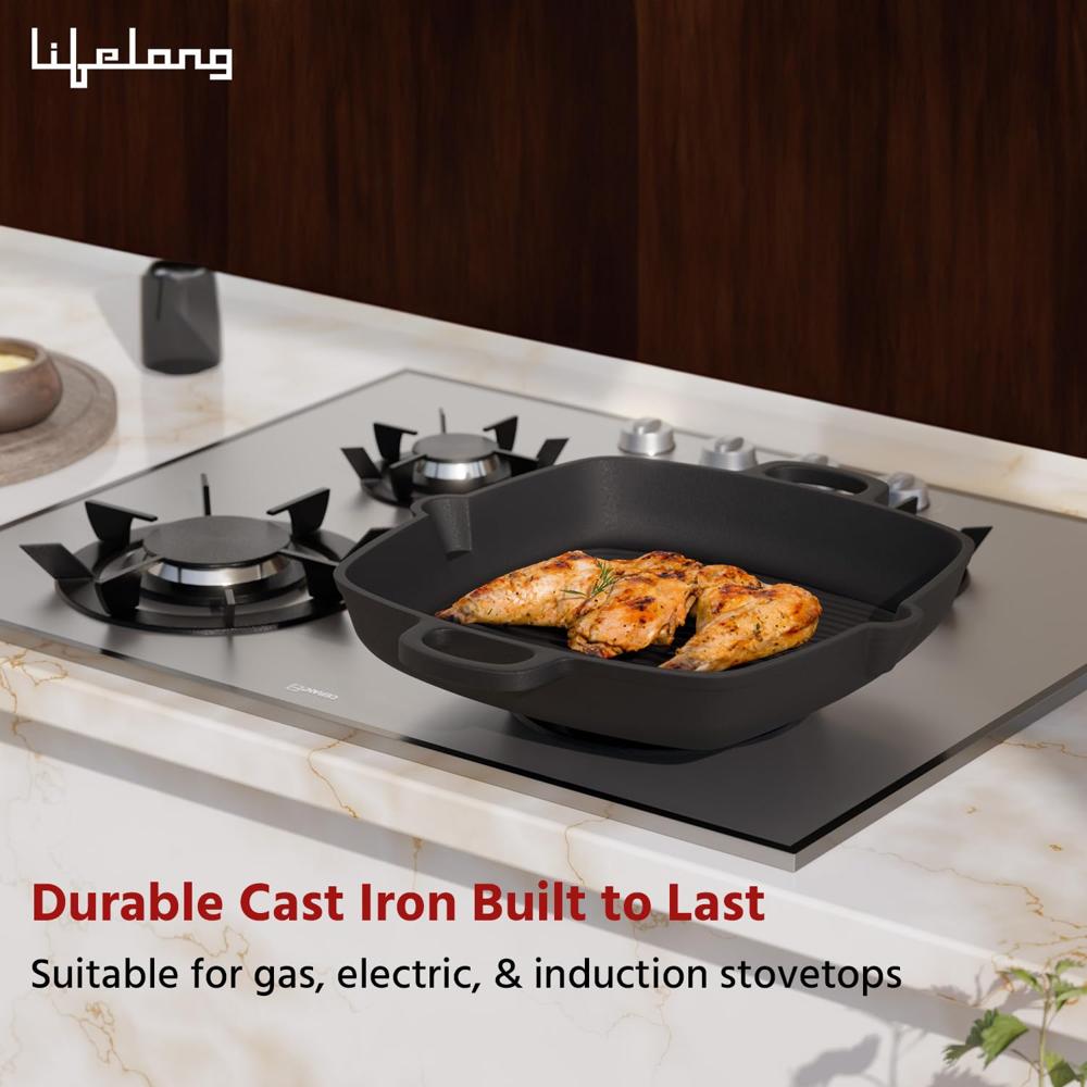 Lifelong Cast Iron Grill Pan 260mm with Wooden Spatula | 2L, 3kg | Pre-Seasoned with Even Heat Distribution, Toxin & Teflon(LLCIGP008)
