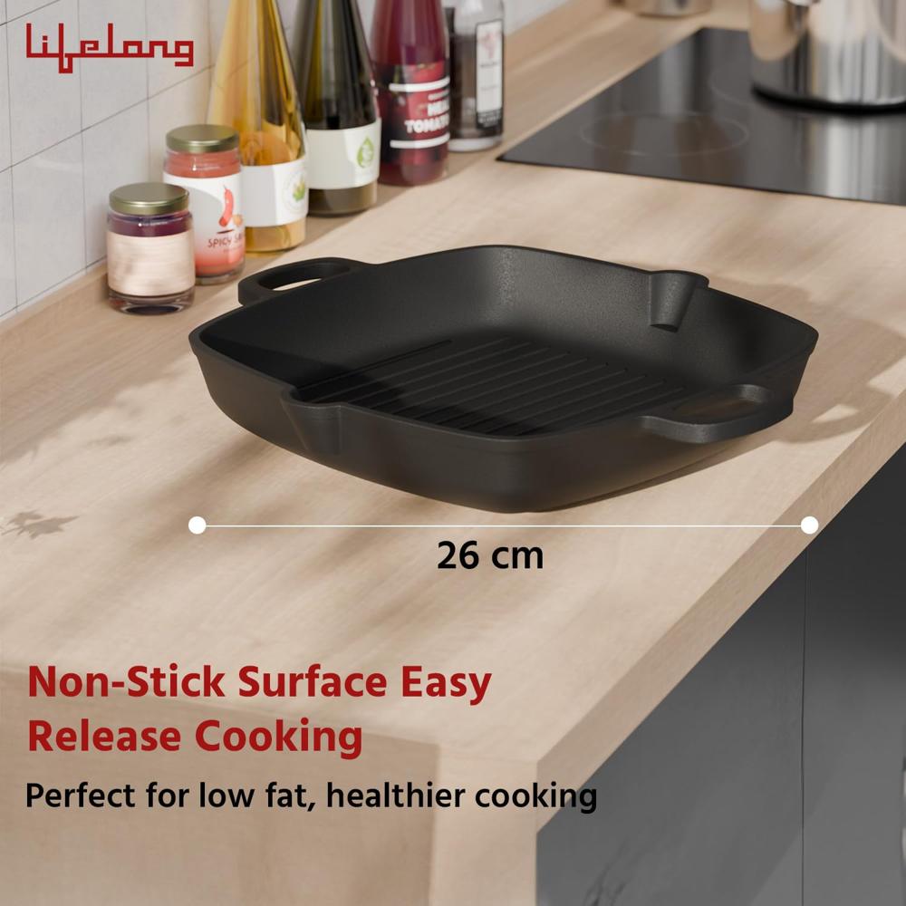 Lifelong Cast Iron Grill Pan 260mm with Wooden Spatula | 2L, 3kg | Pre-Seasoned with Even Heat Distribution, Toxin & Teflon(LLCIGP008)