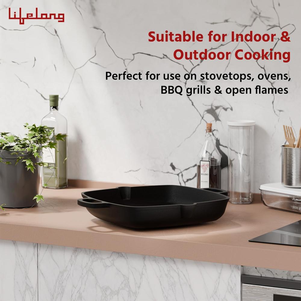 Lifelong Cast Iron Grill Pan 260mm with Wooden Spatula | 2L, 3kg | Pre-Seasoned with Even Heat Distribution, Toxin & Teflon(LLCIGP008)