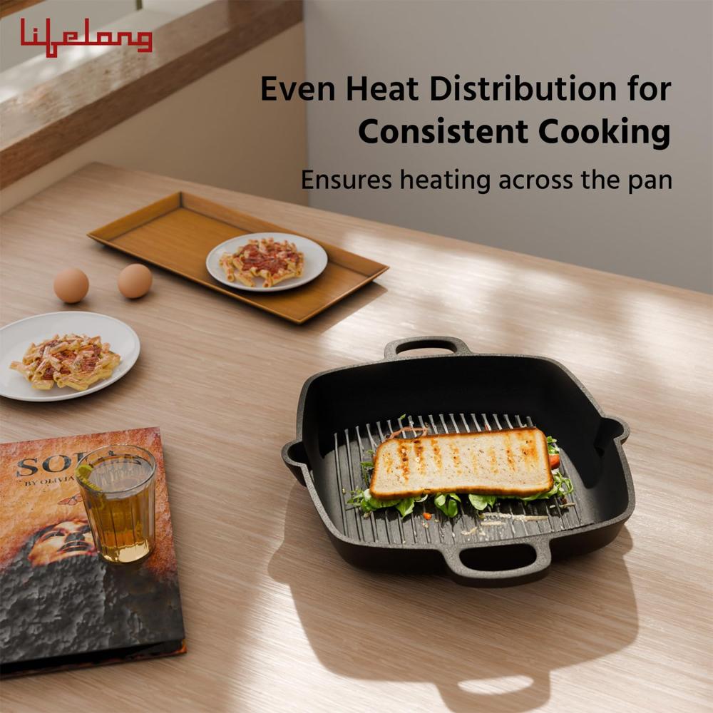 Lifelong Cast Iron Grill Pan 260mm with Wooden Spatula | 2L, 3kg | Pre-Seasoned with Even Heat Distribution, Toxin & Teflon(LLCIGP008)