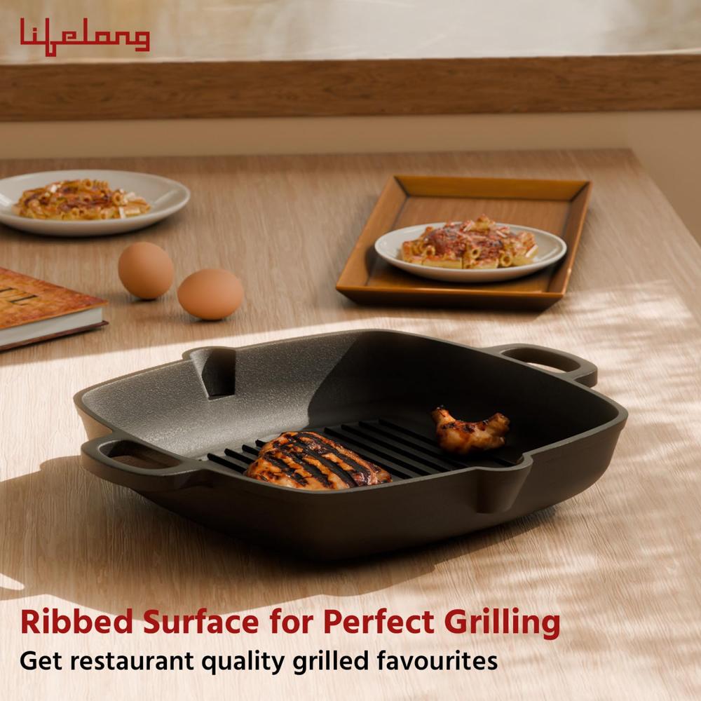 Lifelong Cast Iron Grill Pan 260mm with Wooden Spatula | 2L, 3kg | Pre-Seasoned with Even Heat Distribution, Toxin & Teflon(LLCIGP008)