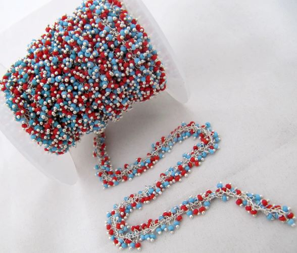 1 Foot- Smooth Coral Turquoise Grape Beaded 2mm Cluster Chain. Wire Wrap Angoori Chain