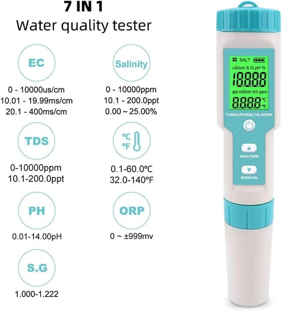 True Sense PH/TDS/EC/ORP/S.G/Salinity/Temperature Water Quality Tester with Electrode, 7 in 1