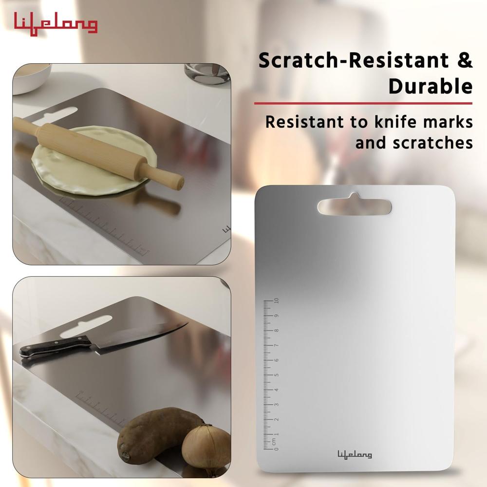 Lifelong Stainless Steel Chopping Board for Kitchen with Anti-Skid 6 Stickers | Durable Cutting Board (35.5 x 24.5 cm)-(LLSCB02)