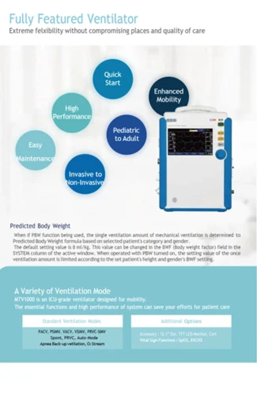 Mek Mtv1000 Ventilator MTV1000 High-Performance ICU Ventilator for Hospital and Home Care