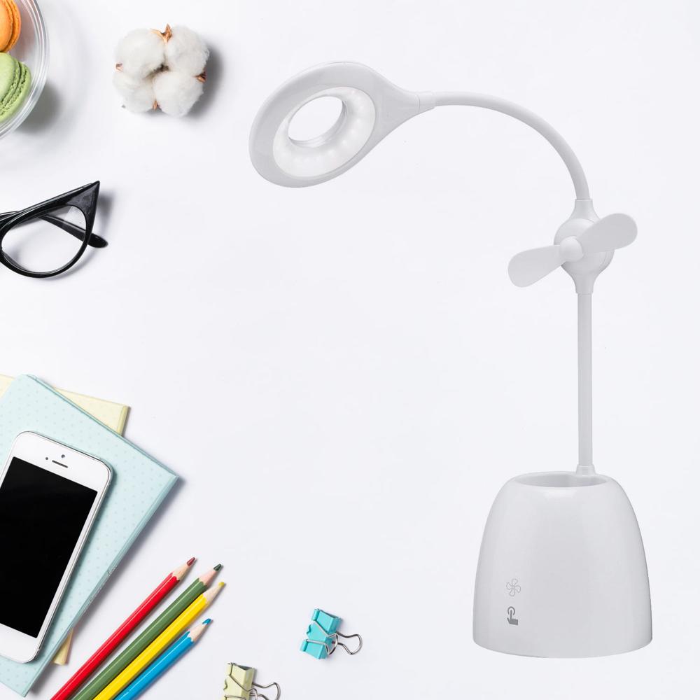 Rechargeable LED LED Desk Lamp with Pen Container Fan Interior Lighting for Study Children's Room Bedroom or Office Perfect for Emergency Study Reading and Home USB Cable Included