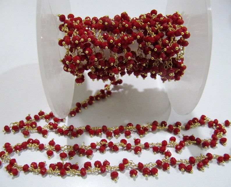 Red Coral 3mm Rondelle Faceted Hydro Quartz Beads Dangling Beaded Chain