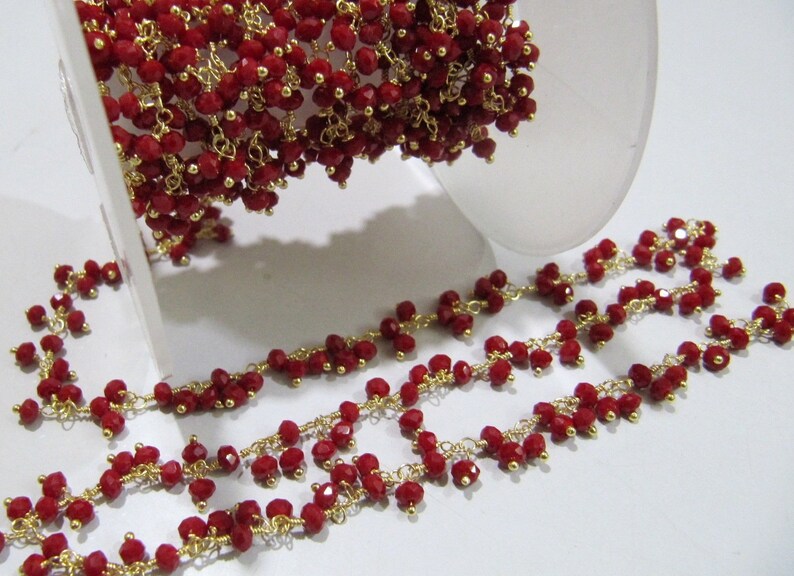 Red Coral 3mm Rondelle Faceted Hydro Quartz Beads Dangling Beaded Chain