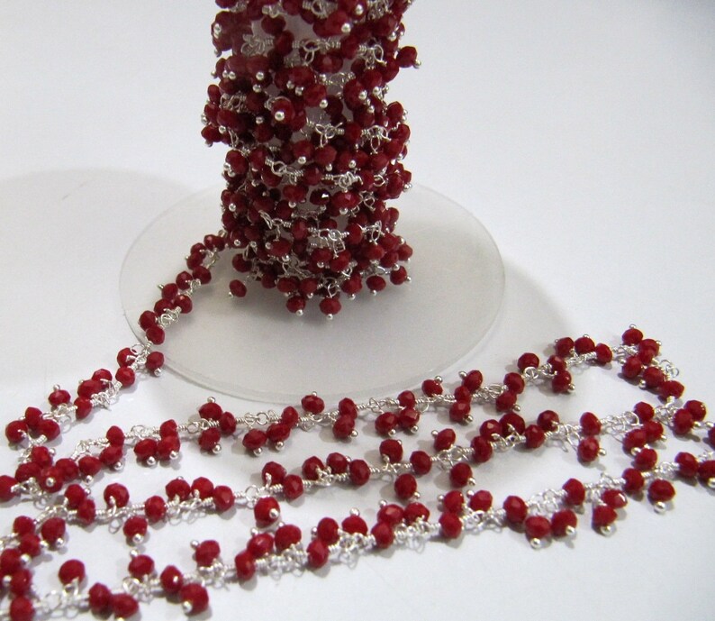 Red Coral 3mm Rondelle Faceted Hydro Quartz Beads Dangling Beaded Chain