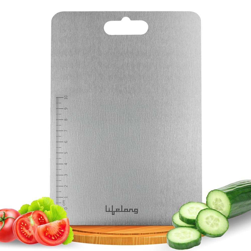 Lifelong Stainless Steel Chopping Board For Kitchen With Anti-skid 6 Stickers | Durable Cutting Board For Vegetables, Fruits, And Meats  (31 X 21 Cm) Llscb01 - Color: Sliver