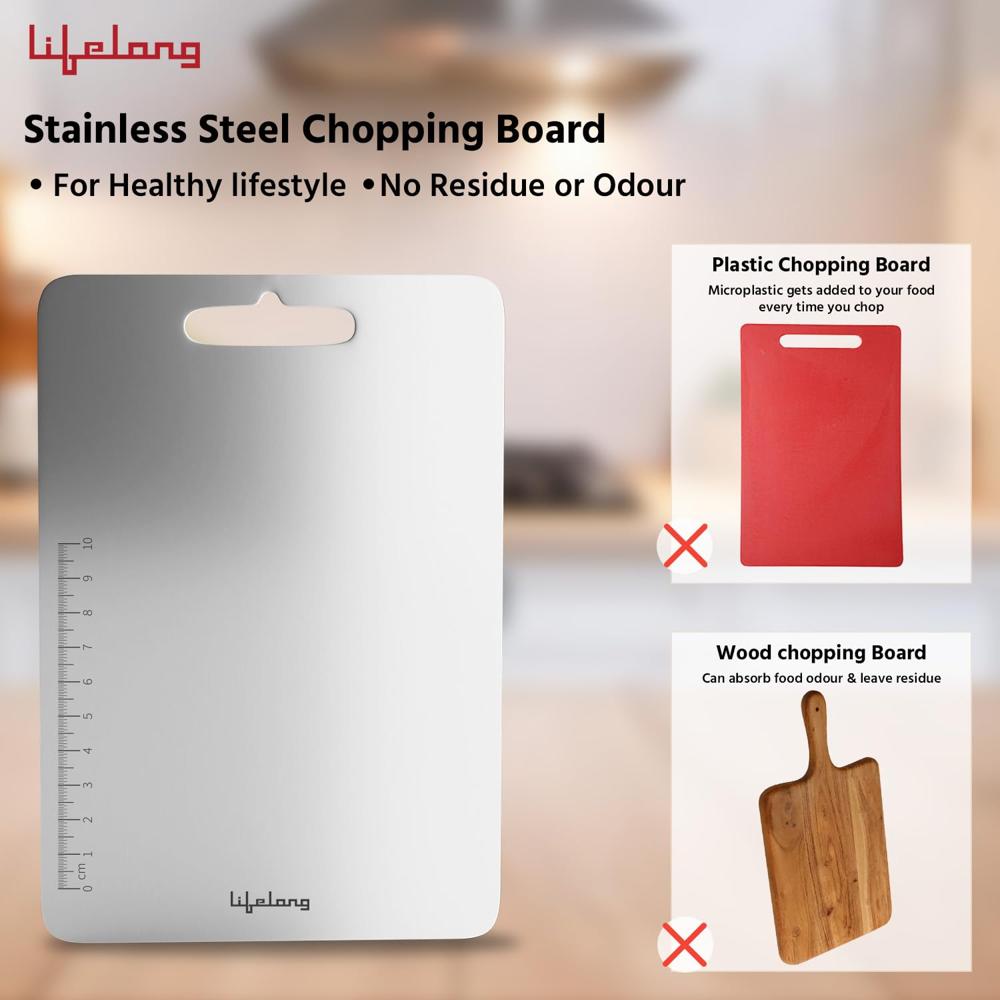 Lifelong Stainless Steel Chopping Board for Kitchen with Anti-Skid 6 Stickers | Durable Cutting Board for Vegetables, Fruits, and Meats  (31 x 21 cm) LLSCB01
