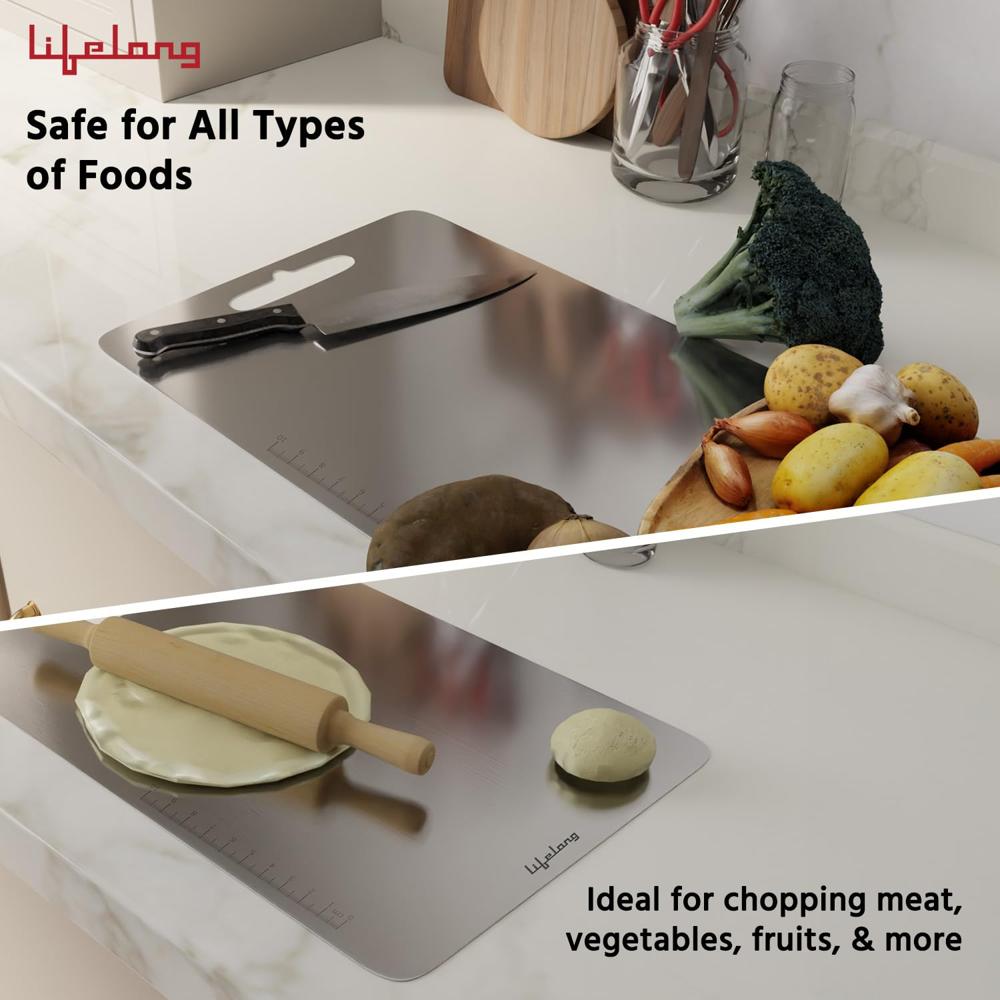 Lifelong Stainless Steel Chopping Board for Kitchen with Anti-Skid 6 Stickers | Durable Cutting Board for Vegetables, Fruits, and Meats  (31 x 21 cm) LLSCB01
