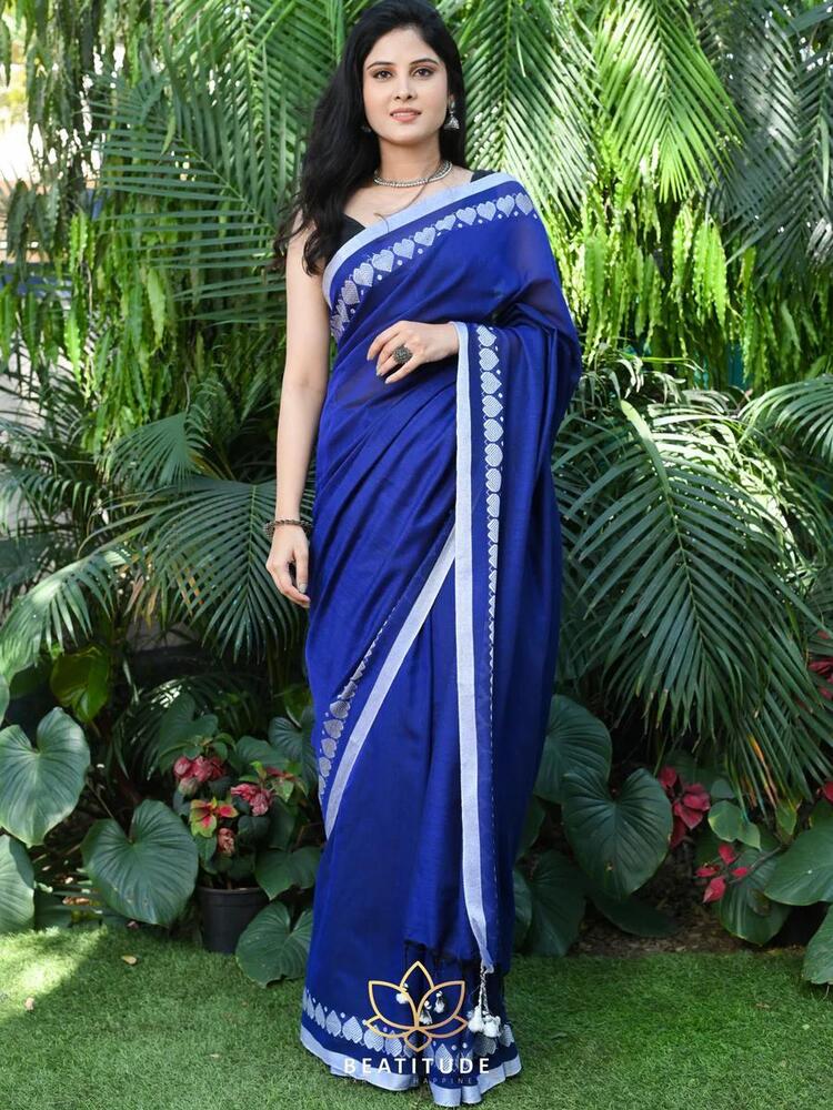 Blue With White Boader Khadi Cotton Saree
