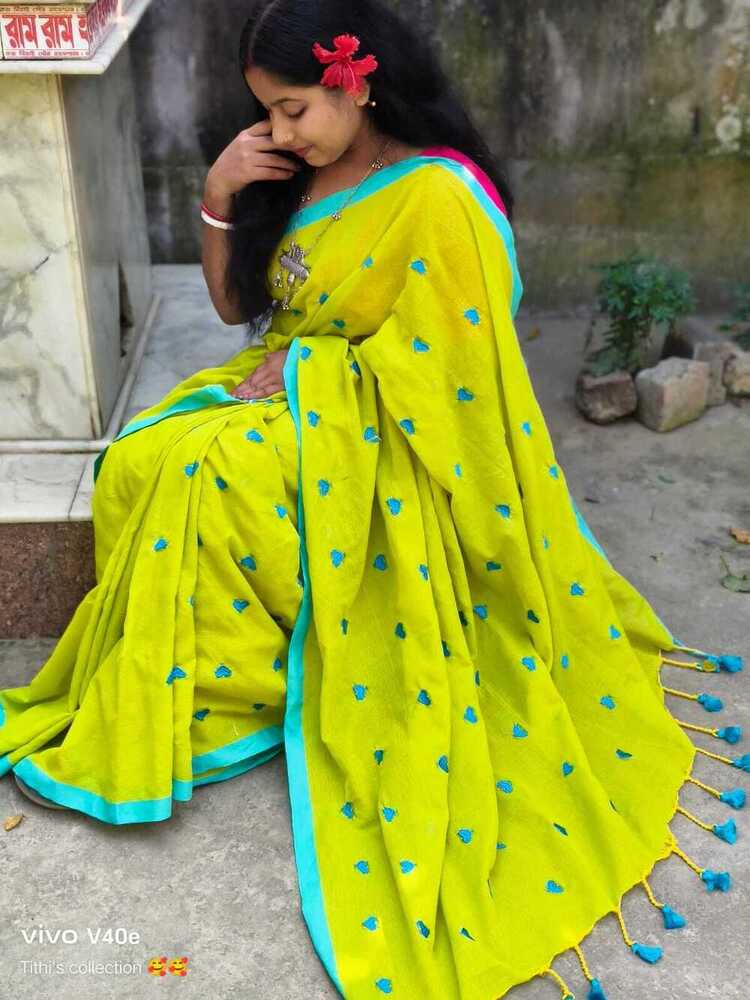 Yellow With Green Color Khadi Cotton Saree