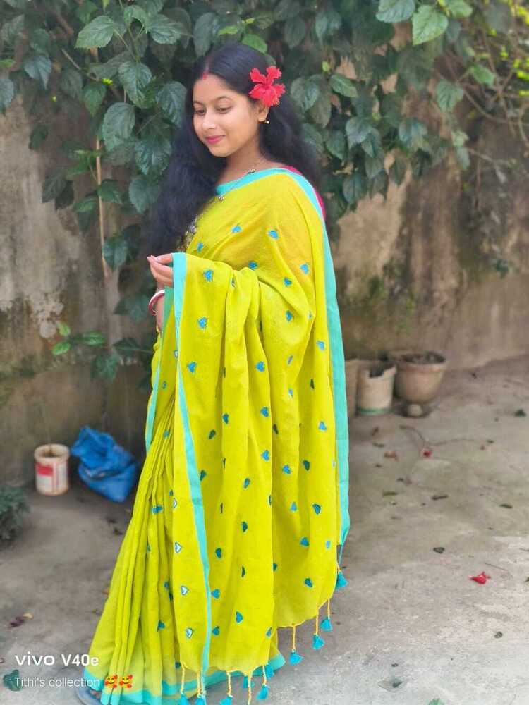 Yellow With Green Color Khadi Cotton Saree