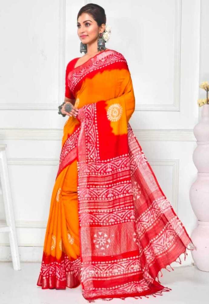 Orange Color Linen Batik Saree