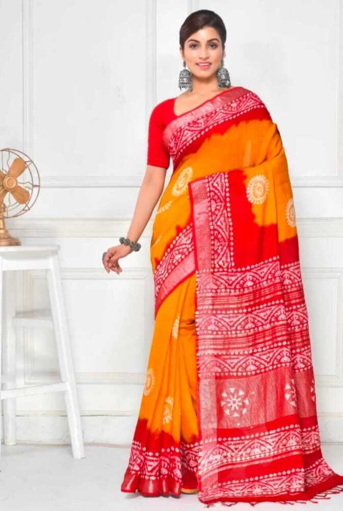 Orange Color Linen Batik Saree