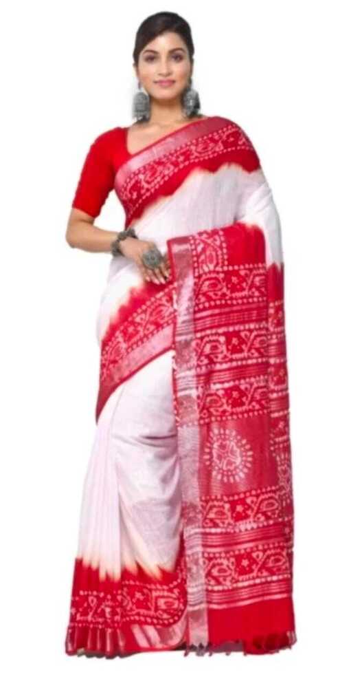 Red And White Linen Batik Saree
