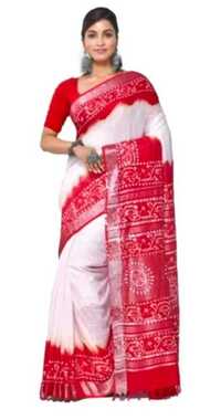 Red And White Linen Batik Saree