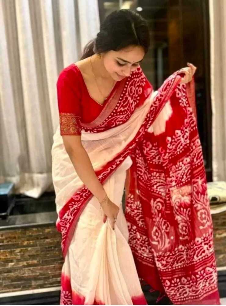 Cream Color Linen Batik Saree