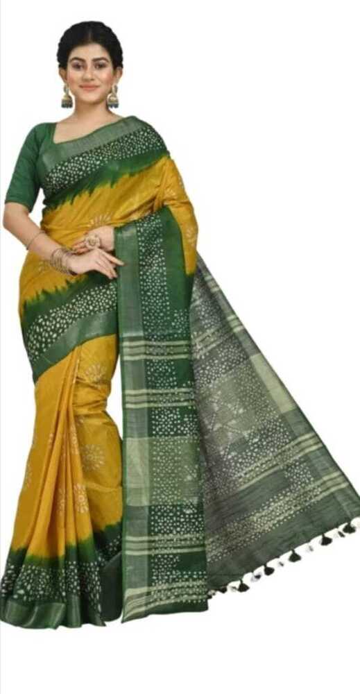 Yellow and Green Color Linen Batik Saree