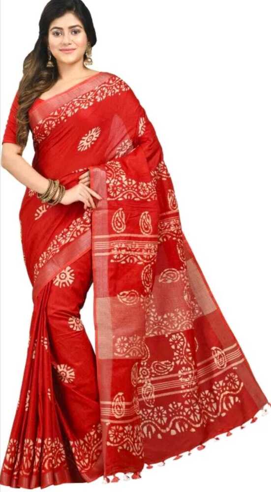 Red Color Linen Batik Saree