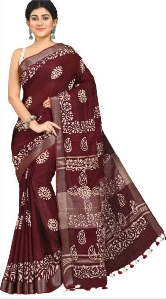 Mehroon Color Linen Batik Saree