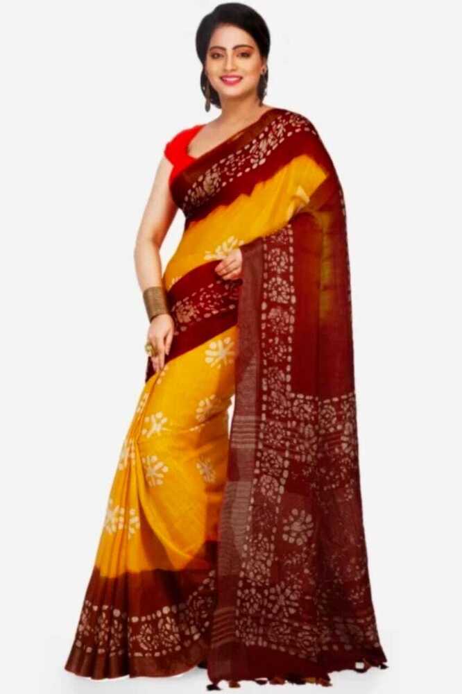 Yellow Mehroon Linen Batik Saree