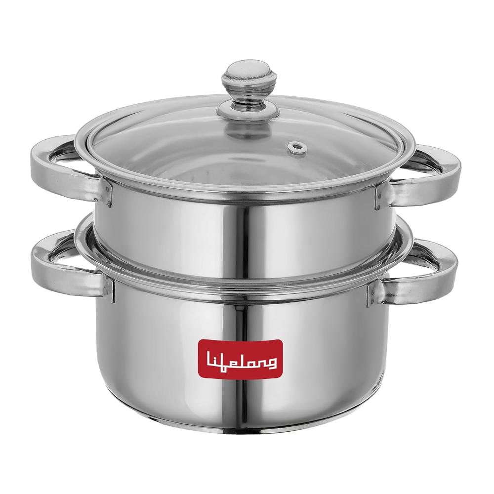 Lifelong 2-tier Steamer/momo/modak Maker | Induction Compitable With Glass Lid & Riveted Handles | 18 Cm Stainless Steel Multi-purpose Cooking Steamer (llmom01) - Capacity: 2 Ltr