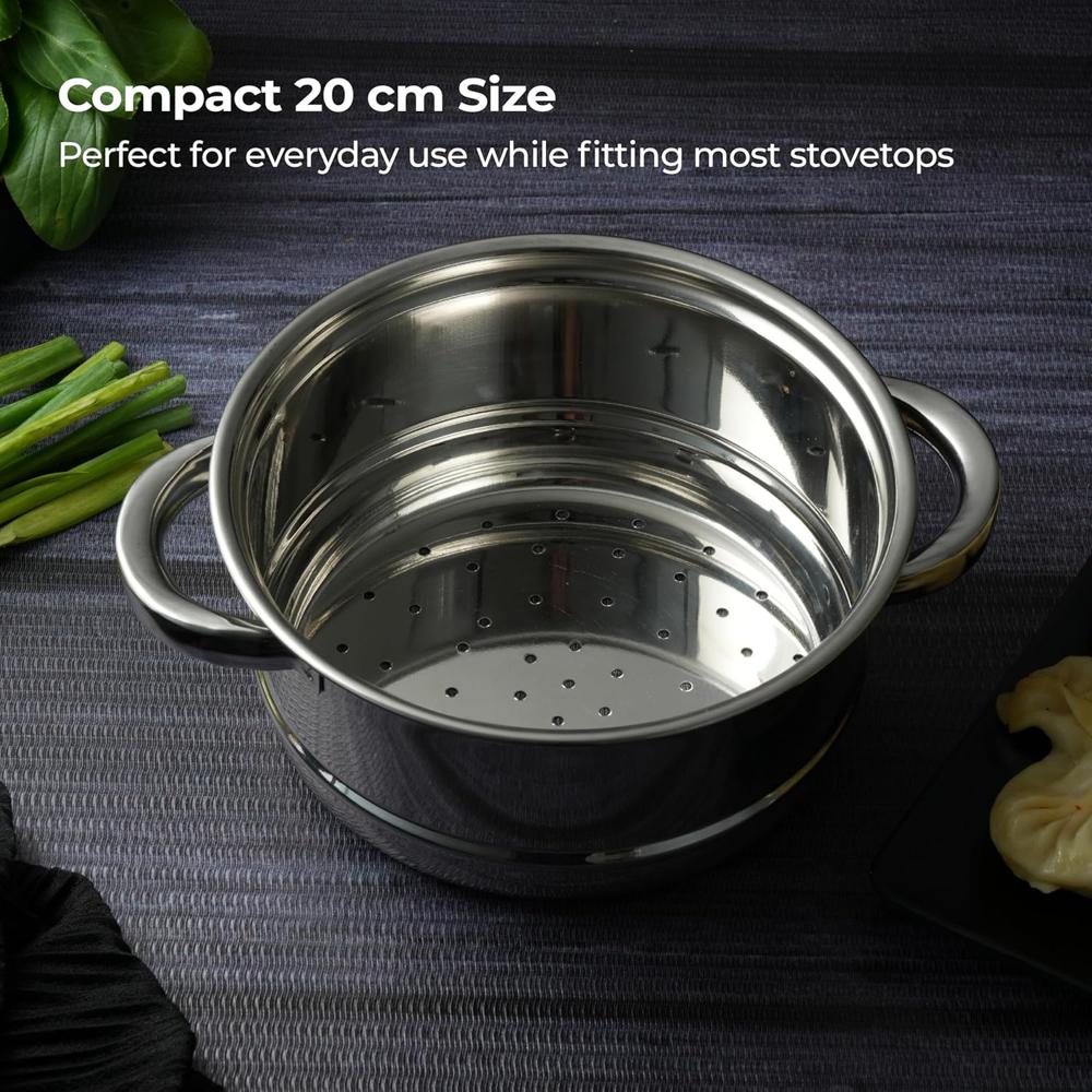 Lifelong 2-Tier Steamer/Momo/Modak Maker | Induction Compitable with Glass Lid & Riveted Handles | 18 cm Stainless Steel Multi-Purpose Cooking Steamer (LLMOM01)