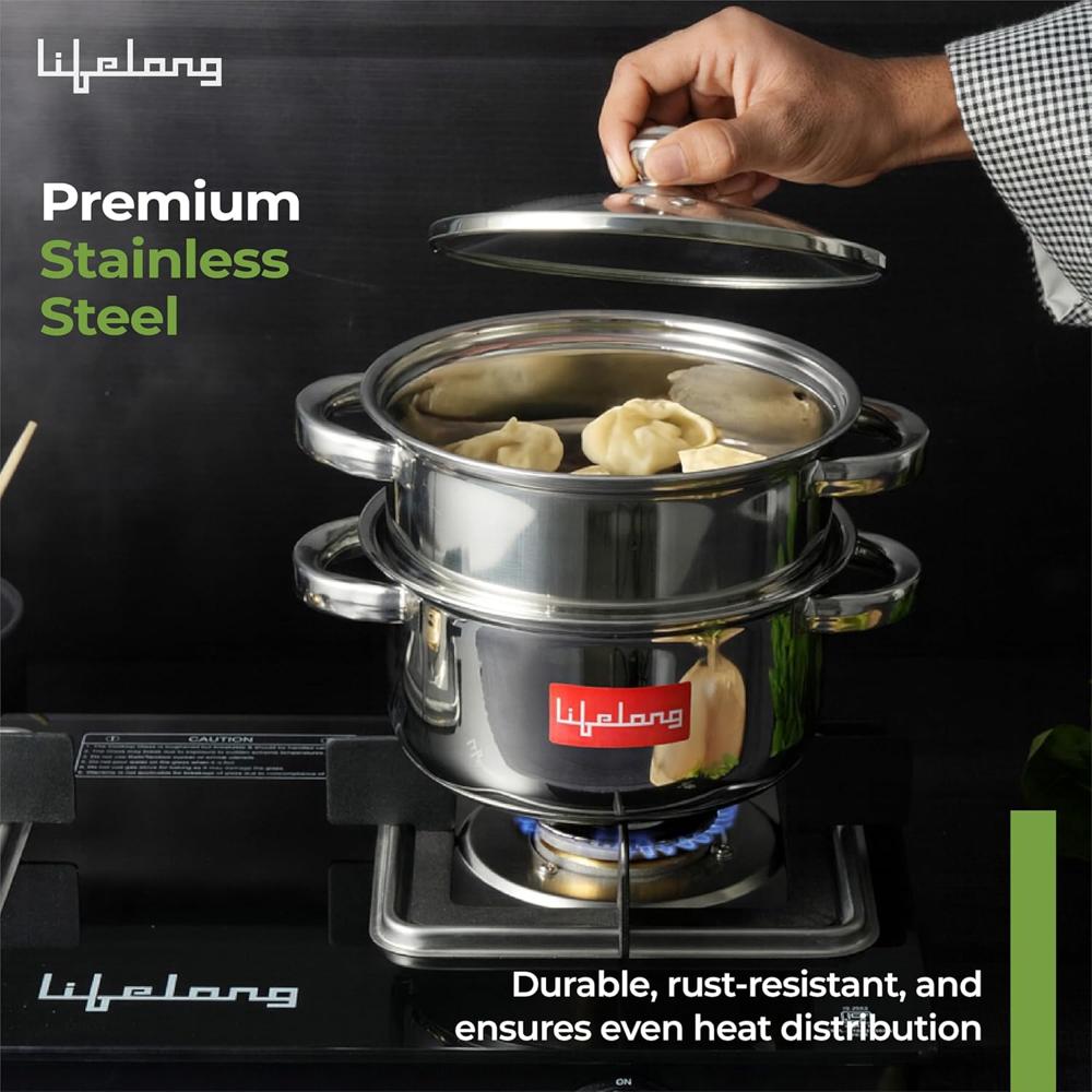 Lifelong 2-Tier Steamer/Momo/Modak Maker | Induction Compitable with Glass Lid & Riveted Handles | 18 cm Stainless Steel Multi-Purpose Cooking Steamer (LLMOM01)