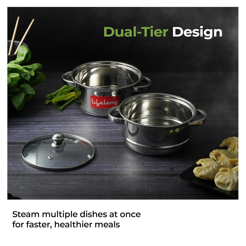 Lifelong 2-Tier Steamer/Momo/Modak Maker | Induction Compitable with Glass Lid & Riveted Handles | 18 cm Stainless Steel Multi-Purpose Cooking Steamer (LLMOM01)
