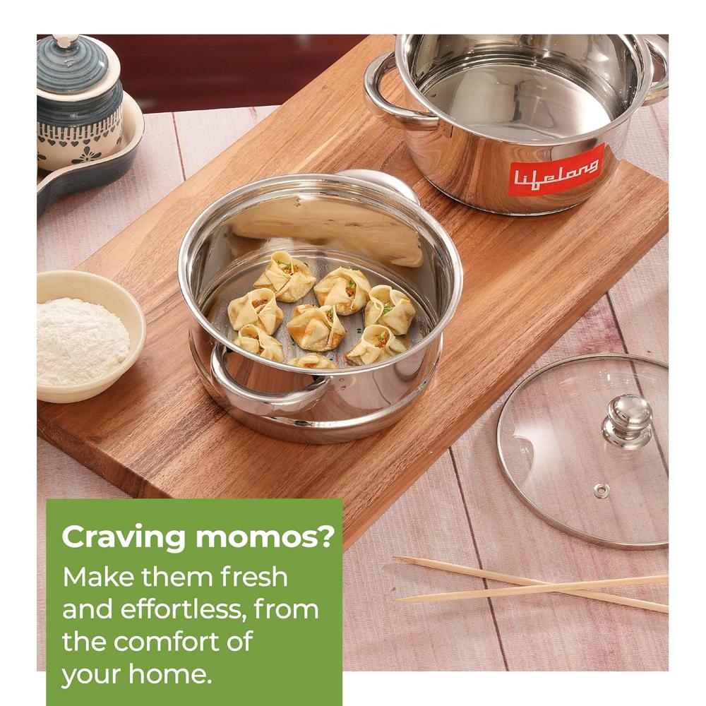 Lifelong 2-Tier Steamer/Momo/Modak Maker | Induction Compitable with Glass Lid & Riveted Handles | 18 cm Stainless Steel Multi-Purpose Cooking Steamer (LLMOM01)