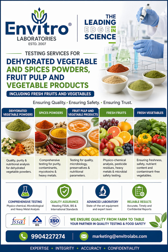 Dehydrated Vegetable, Spices Powders, Fruit Pulp & Vegetable Products Testing Services