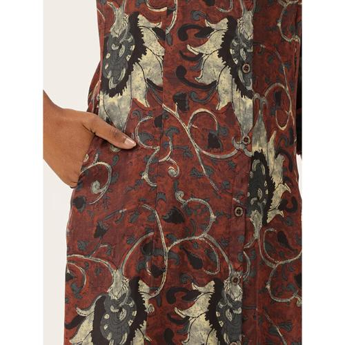 Beige & Brown Floral Printed Mandarin Collar A-Line Kurta