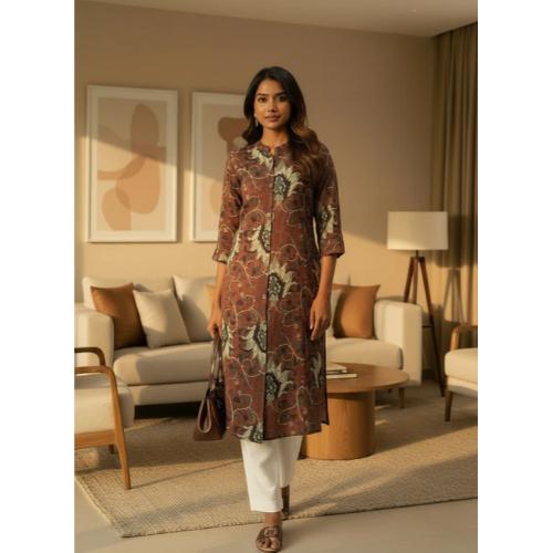 Beige & Brown Floral Printed Mandarin Collar A-Line Kurta
