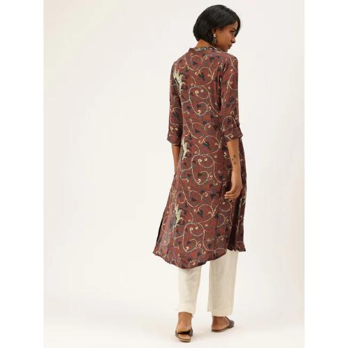Beige & Brown Floral Printed Mandarin Collar A-Line Kurta