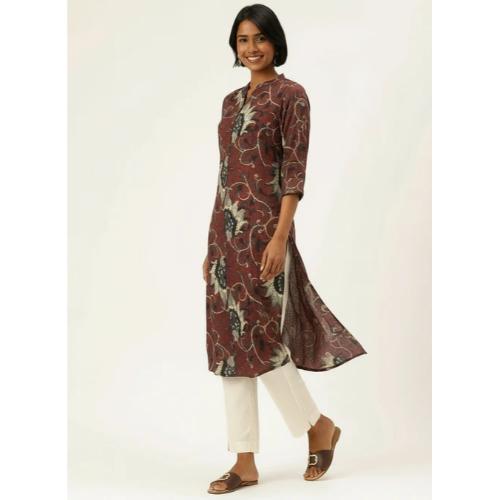 Beige & Brown Floral Printed Mandarin Collar A-Line Kurta