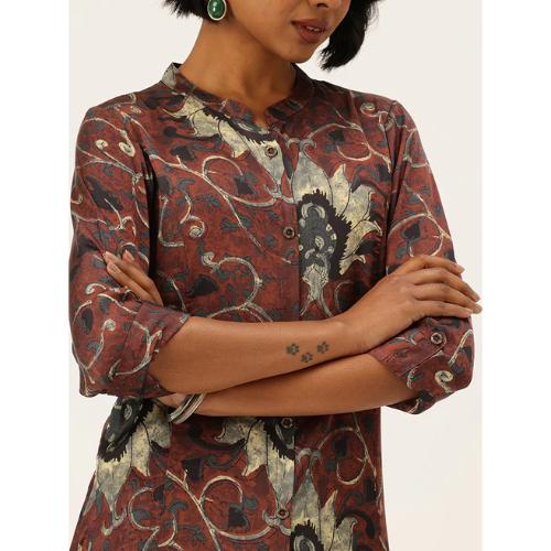 Beige & Brown Floral Printed Mandarin Collar A-Line Kurta
