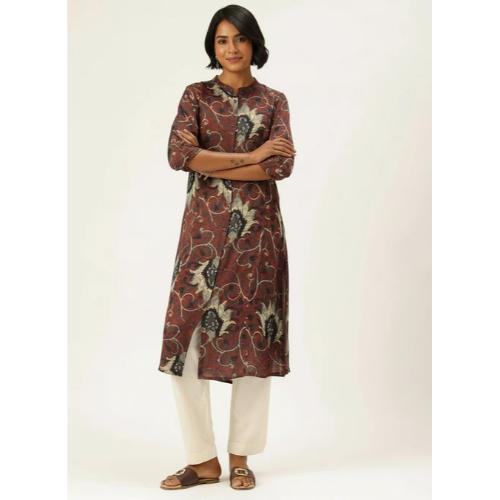 Beige & Brown Floral Printed Mandarin Collar A-Line Kurta