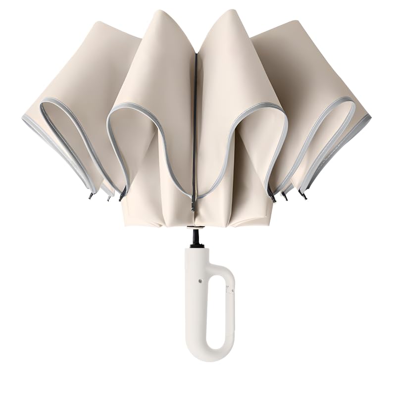 Prime Pick Compact Travel Umbrella With Reflective Strip  Beige