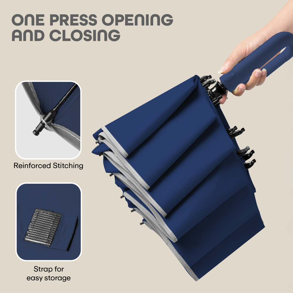 Prime Pick Compact Travel Umbrella With Reflective Strip  Blue