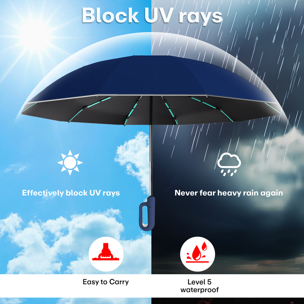 Prime Pick Compact Travel Umbrella With Reflective Strip  Blue