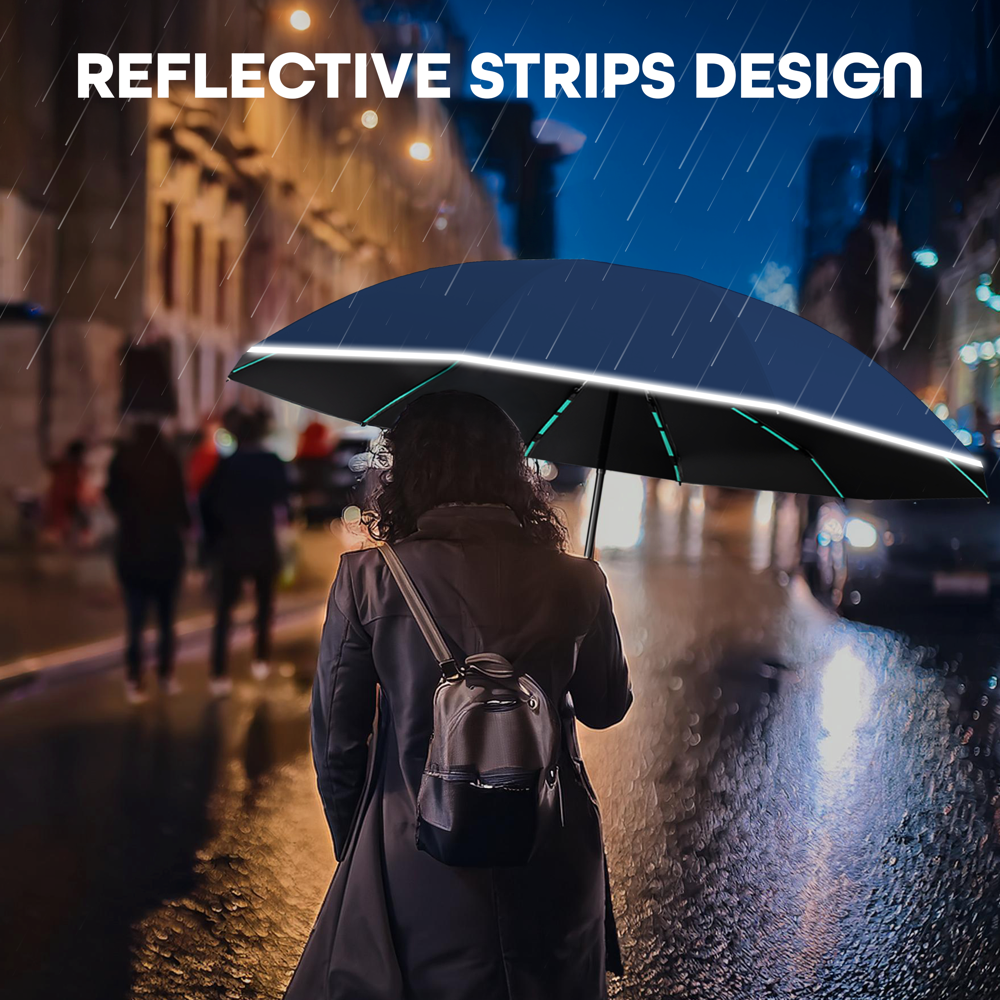 Prime Pick Compact Travel Umbrella With Reflective Strip  Blue