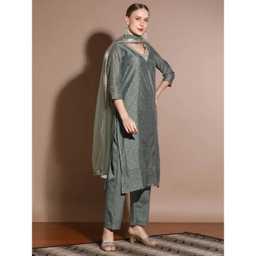 Olive Chanderi Woven Festive Kurta Set With Dupatta