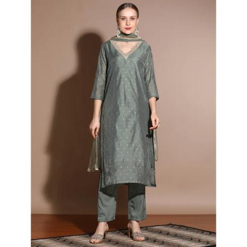 Olive Chanderi Woven Festive Kurta Set With Dupatta
