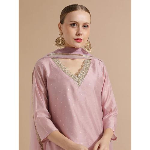 Olive Chanderi Woven Festive Kurta Set With Dupatta