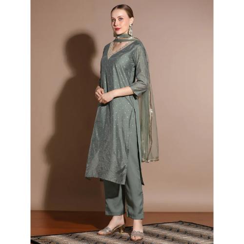 Olive Chanderi Woven Festive Kurta Set With Dupatta