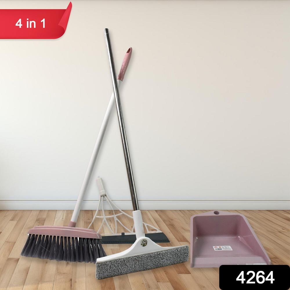 Dustpan, Kitchen Wiper, Window Cleaning Squeegee Tool & Broom Brush, (4 Pcs Combo)